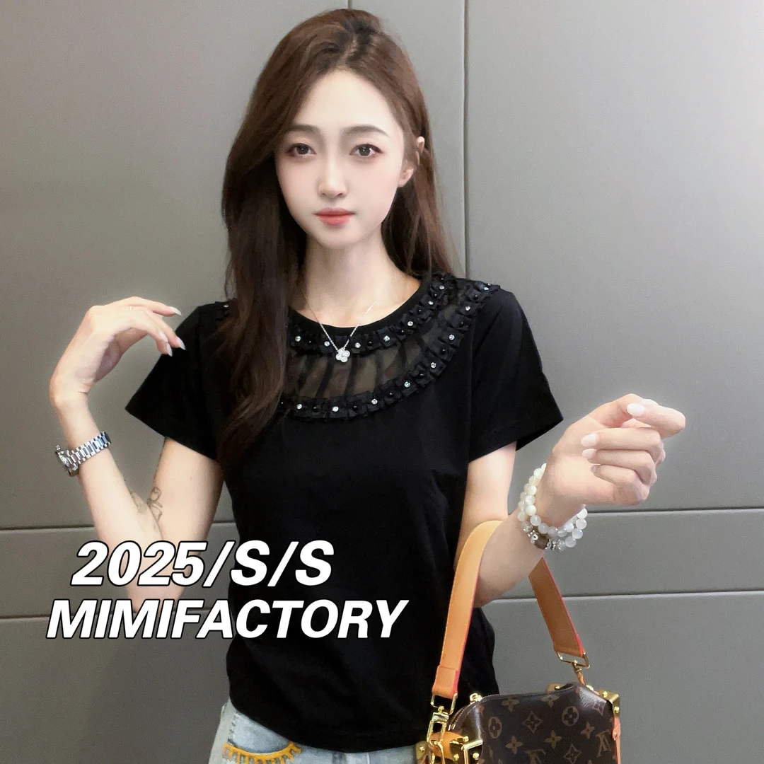 2025夏季新款 拼接钉珠蕾丝短袖T恤女时尚修身显瘦上衣057#