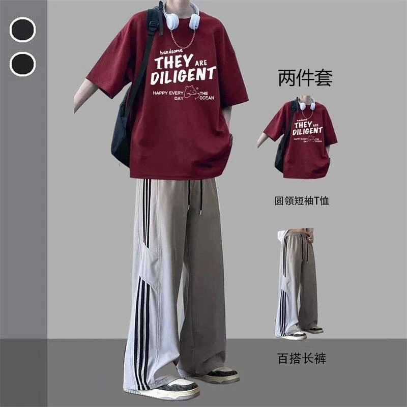 薄款短袖t恤套装潮流男装一套搭配运动长裤青少年夏季男生穿搭帅