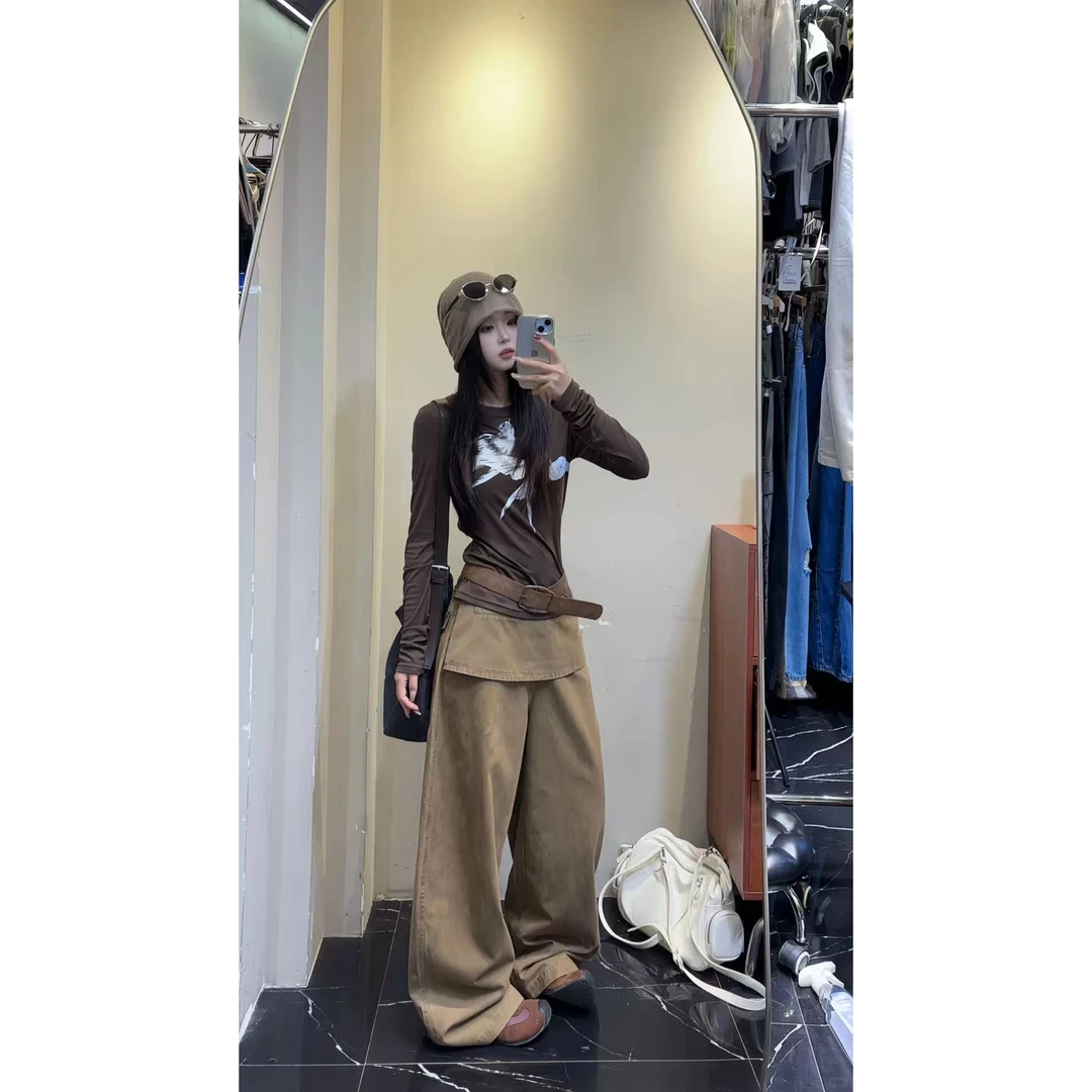 早秋新款女装美式印花T恤长袖打底衫上衣高腰显瘦假两件阔腿裤子