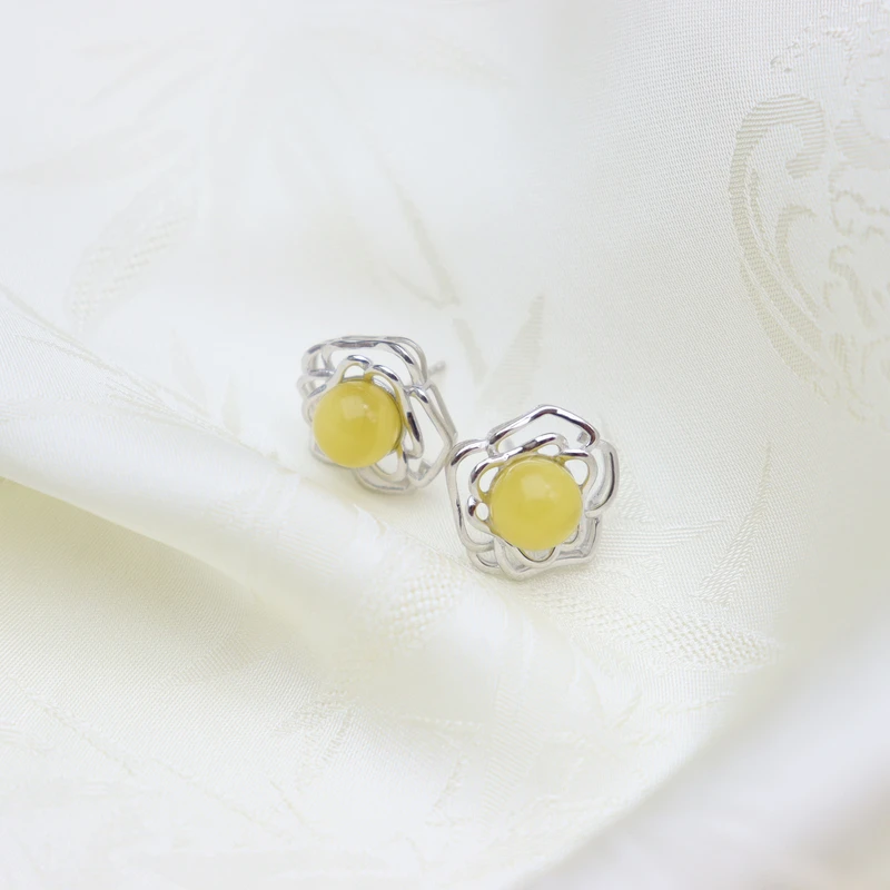 S925银天然琥珀蜜蜡圆珠女款耳环耳饰7mm