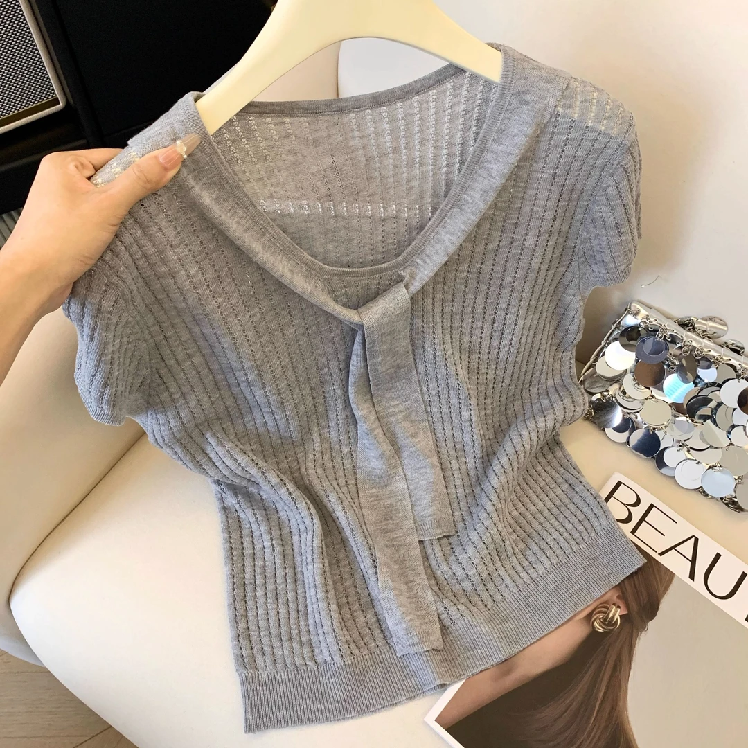韩系灰色绑带短袖针织衫女2025夏季薄款冰丝t恤设计感镂空小上衣
