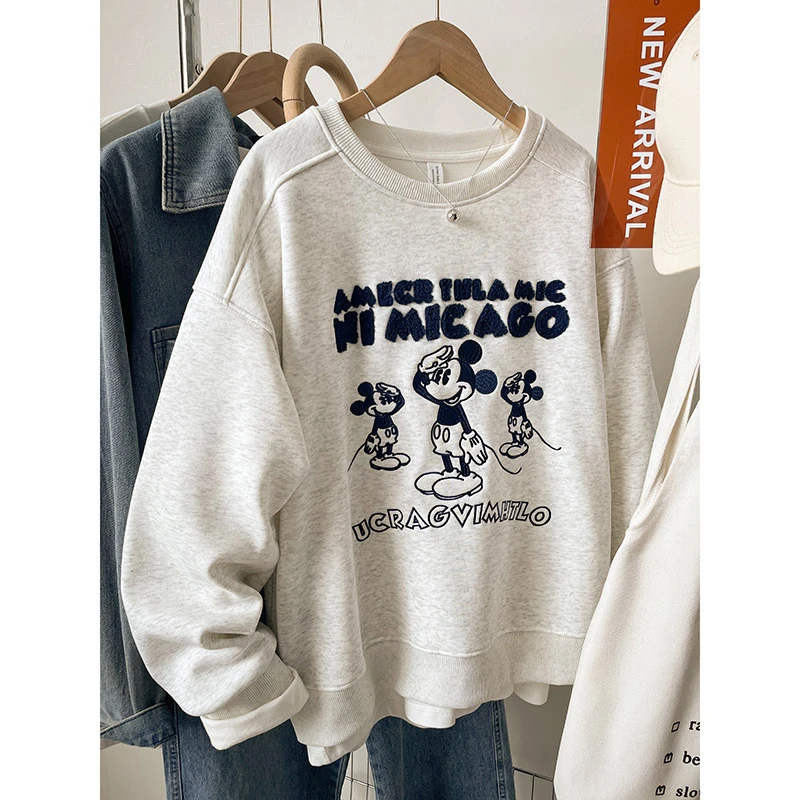 潮流复古米老鼠刺绣卫衣女2025新款爆款秋冬大码宽松百搭加绒上衣