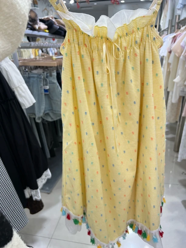夏季新款甜美彩色波点流苏边吊带连衣裙女小个子减龄A字裙
