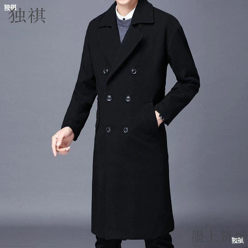 男士长款风衣秋冬款毛呢大衣男韩板宽松西装领双排扣呢子加棉外套