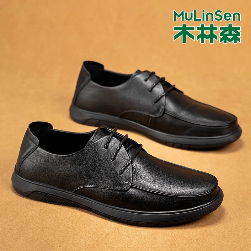 木林森皮鞋男鞋2025冬季新款系带商务休闲皮鞋头层牛皮软皮德比鞋