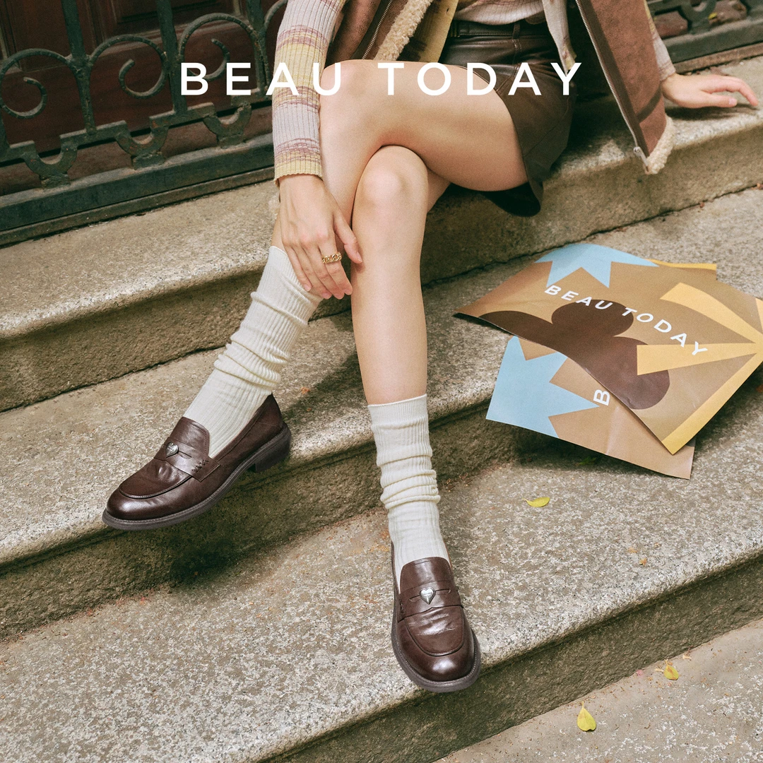 BeauToday【植鞣牛皮】桃心乐福鞋手抓纹英伦风明星同款鞋女款鞋子
