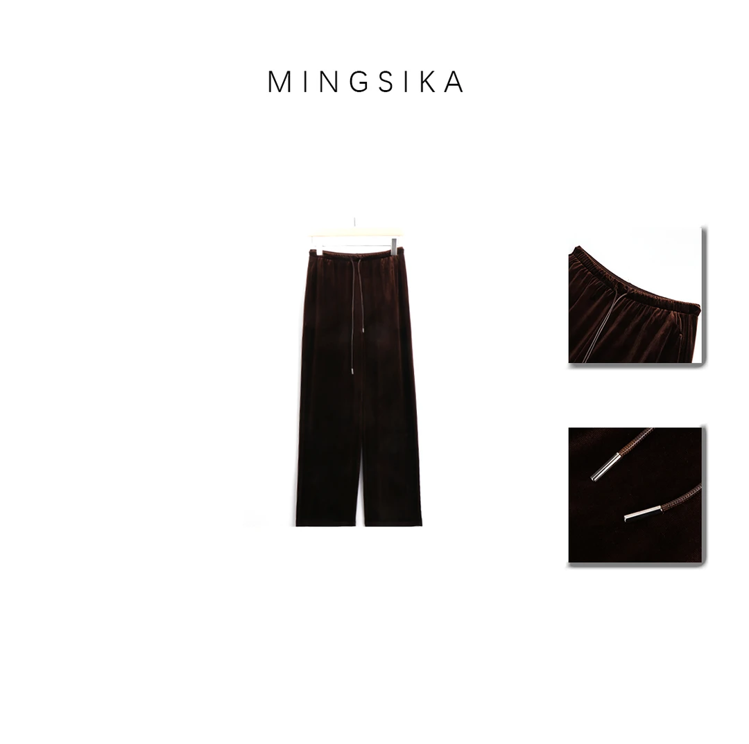 金丝绒阔腿裤女春夏新款松紧腰垂感休闲裤长裤#5AM03-1601