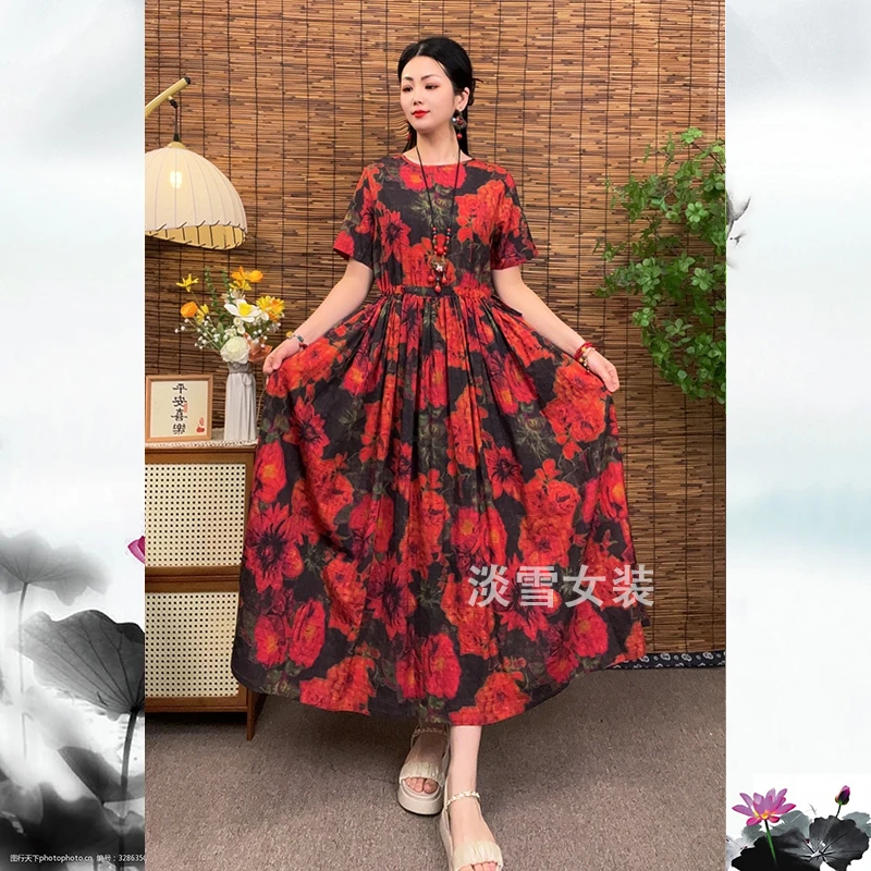 淡雪夏季时尚复古短袖气质女装收腰中长款抽绳遮肚显瘦大摆连衣裙