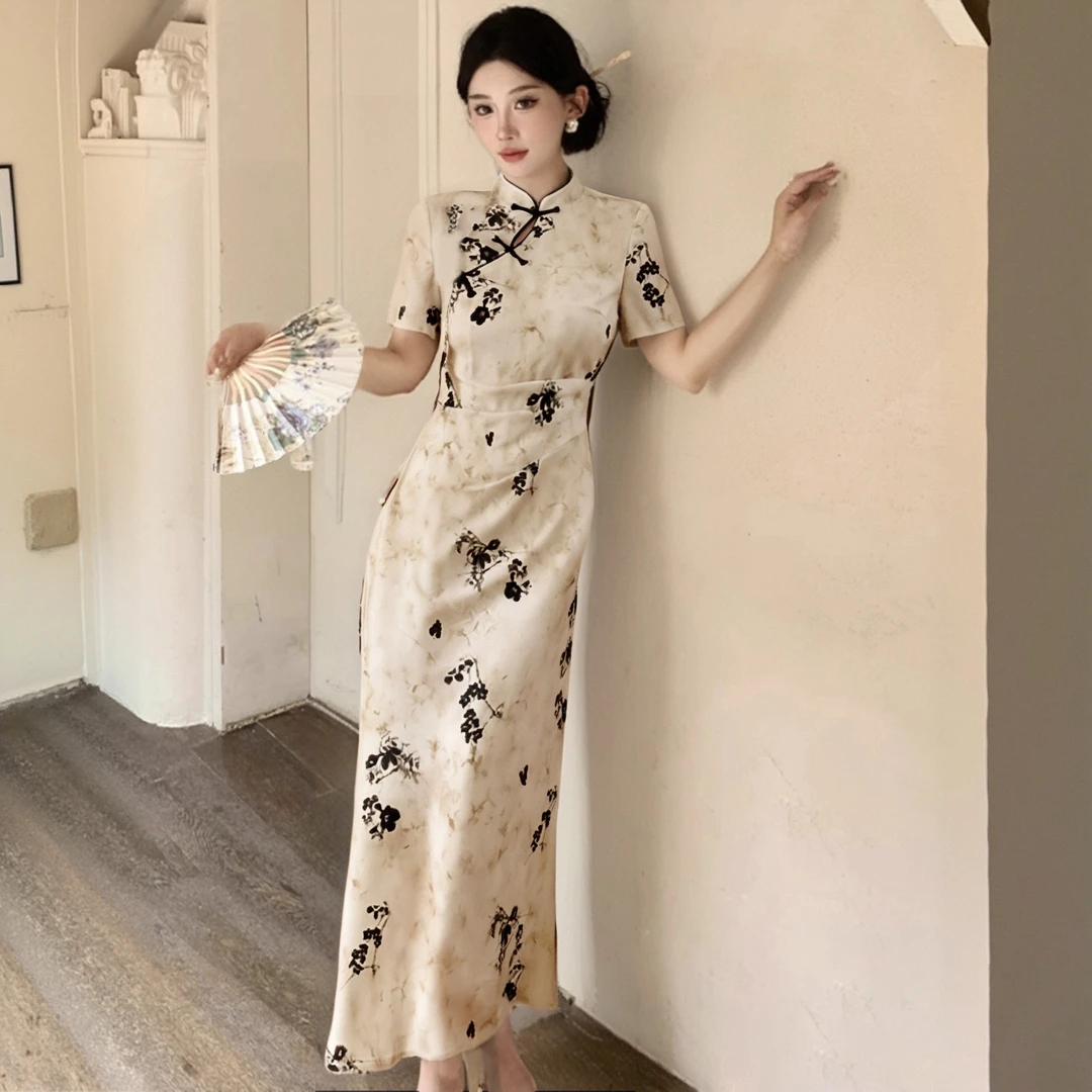 A胖mm新中式国风改良旗袍裙子2025夏季遮肚显瘦碎花连衣裙女D0755