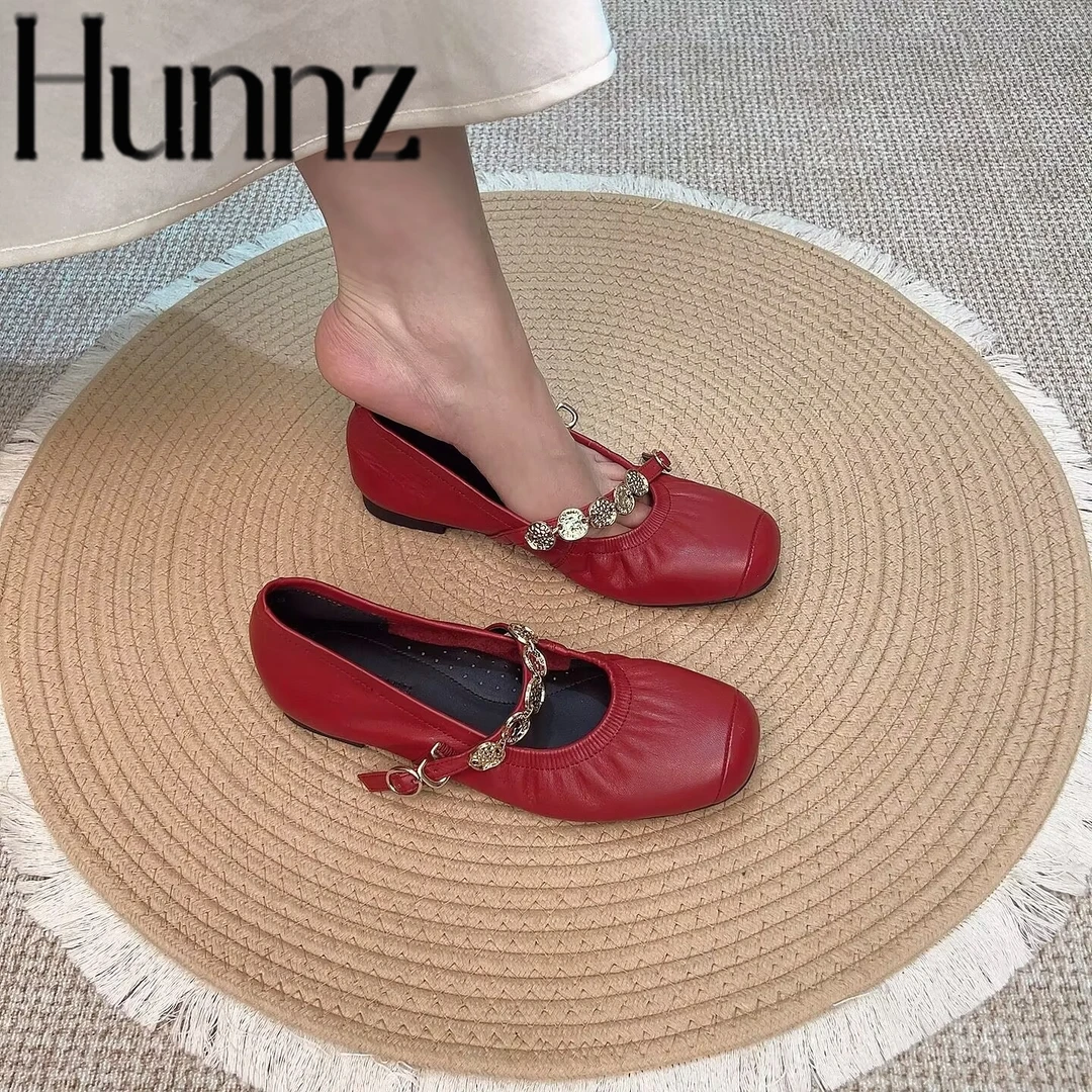 hunnz平底法式复古褶皱玛丽珍女鞋软底奶奶鞋芭蕾舞单鞋