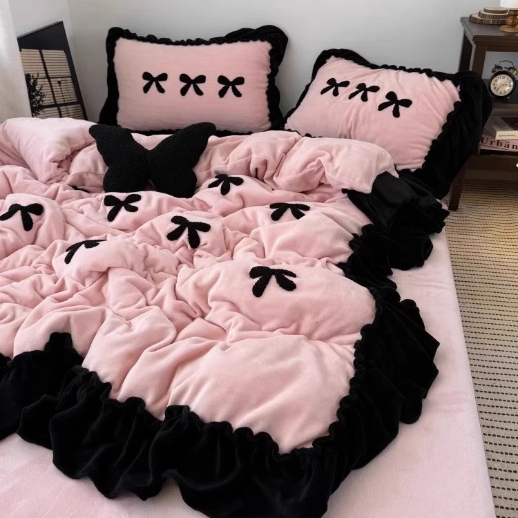 冬季公主风牛奶绒四件套加厚双面珊瑚绒被套床笠床单法式绒毛床品