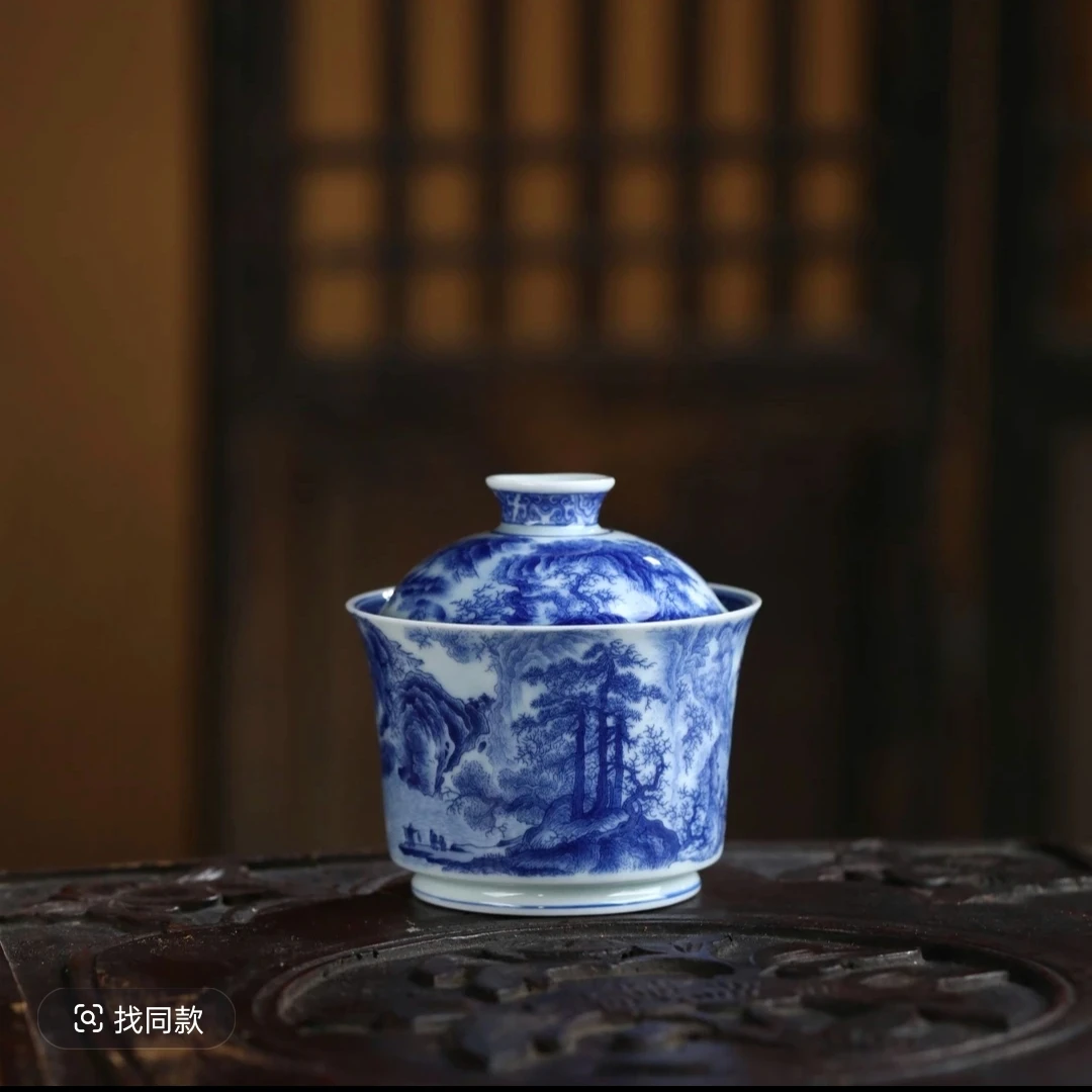景德镇 春山水图 家用高端茶具 二才盖碗