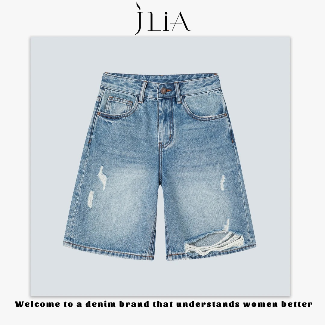JLIA -9928夏季蓝色高腰休闲破洞时尚宽松五分牛仔裤