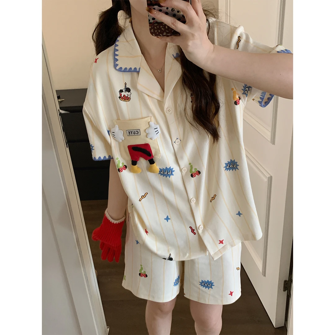 睡衣女夏季纯棉短袖带胸垫防凸点卡通米奇立体宽松外穿家居服套装