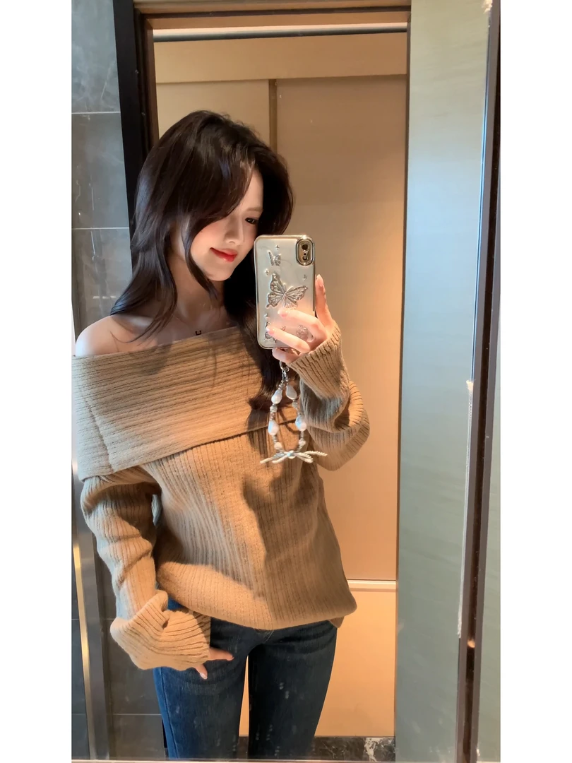 【肉肉】温柔风慵懒感一字肩毛衣女2025春季韩系宽松针织衫上衣外穿