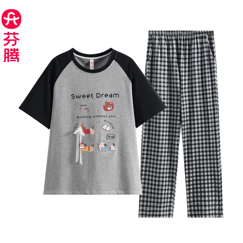 芬腾睡衣女款2025新款夏季短袖长裤薄款全棉宽松可外穿家居服