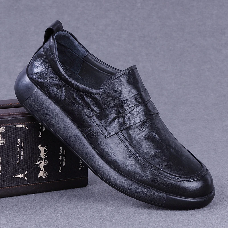 EAEOVNI秋季新款休闲皮鞋透气百搭舒适商务软底一脚蹬爸爸鞋