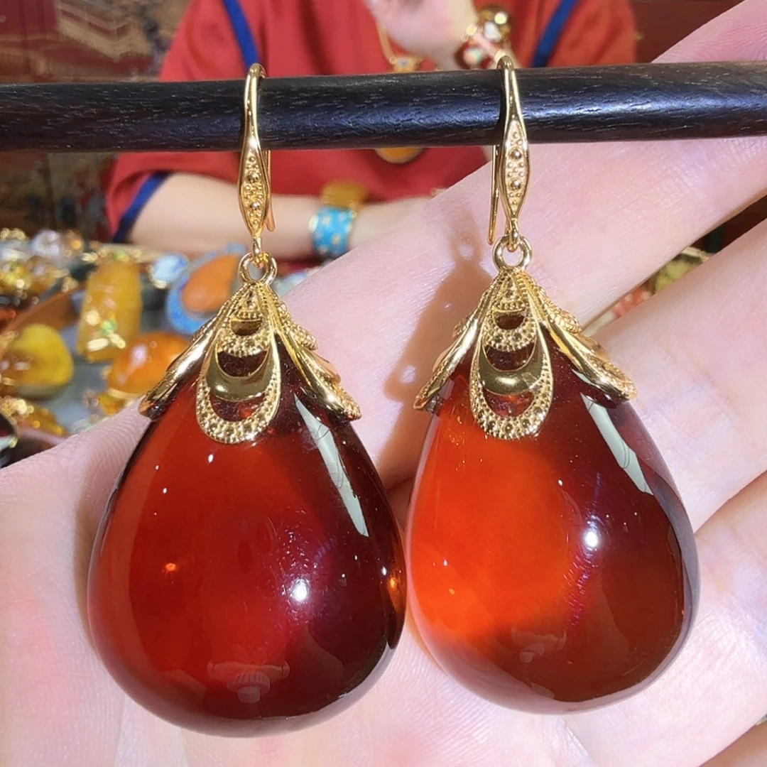 血珀银S925镀金镶嵌耳环