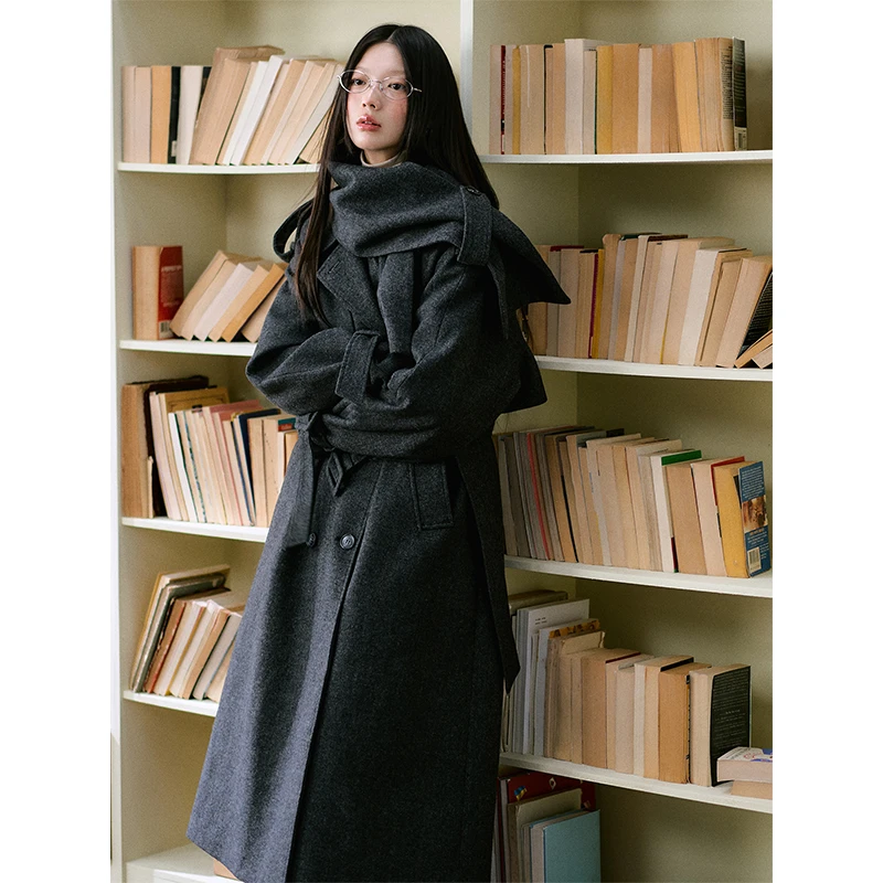 【LaluneDuCiel】年终狂欢季10号18点羊毛混纺围巾系带毛呢大衣女