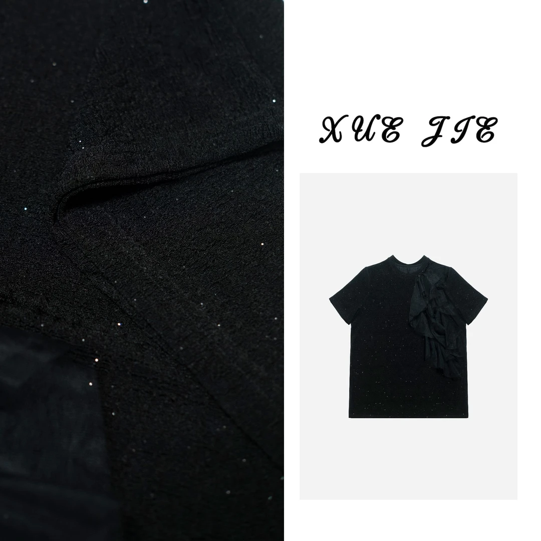 逸焰【雪姐黑天鹅】90716-拼接荷叶边圆领百搭简约黑色衬衫