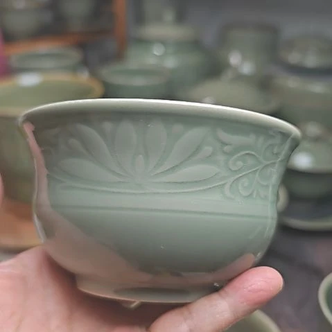 耀州窑老泥料莲纹米饭碗四只