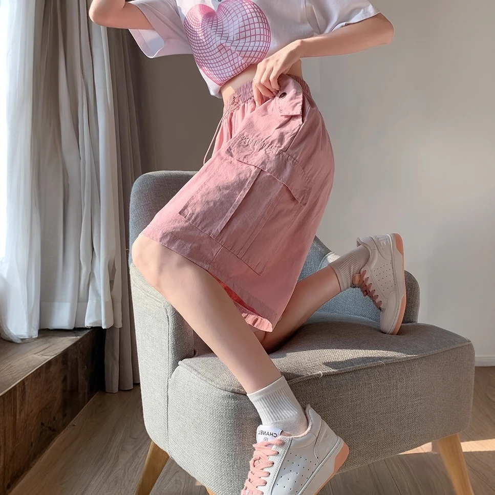 胖mm大码2-300斤美式复古工装短裤女夏季高腰显瘦宽松阔腿五分裤