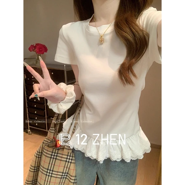 2025夏季韩版圆领荷叶边拼接百搭纯色设计感修身短袖T恤上衣女