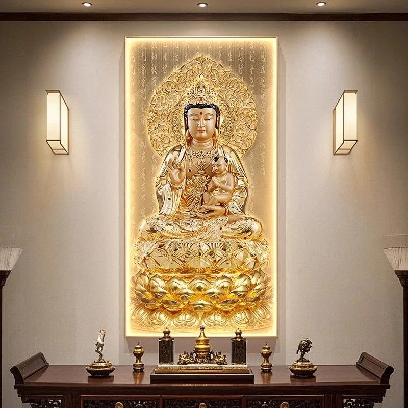观世音菩萨画像挂画求子送子观音玄关装饰画佛堂家用供奉壁画带灯