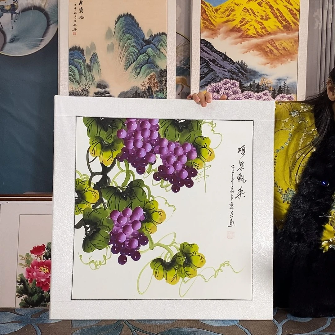 国画手写手绘国画作品带框包邮62✖️62