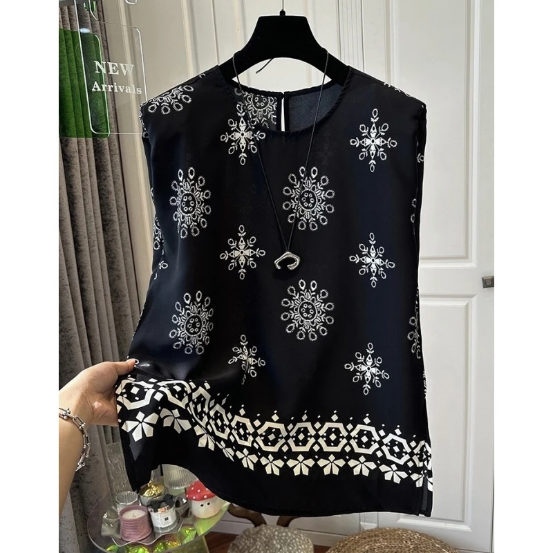 波西米亚风圆领印花无袖背心吊带女上衣外穿宽松轻薄时髦夏季新款