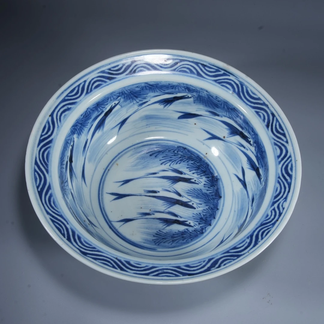 二LJ5/清中期 青花旋涡群鱼洗盆【华豫之门甄选】