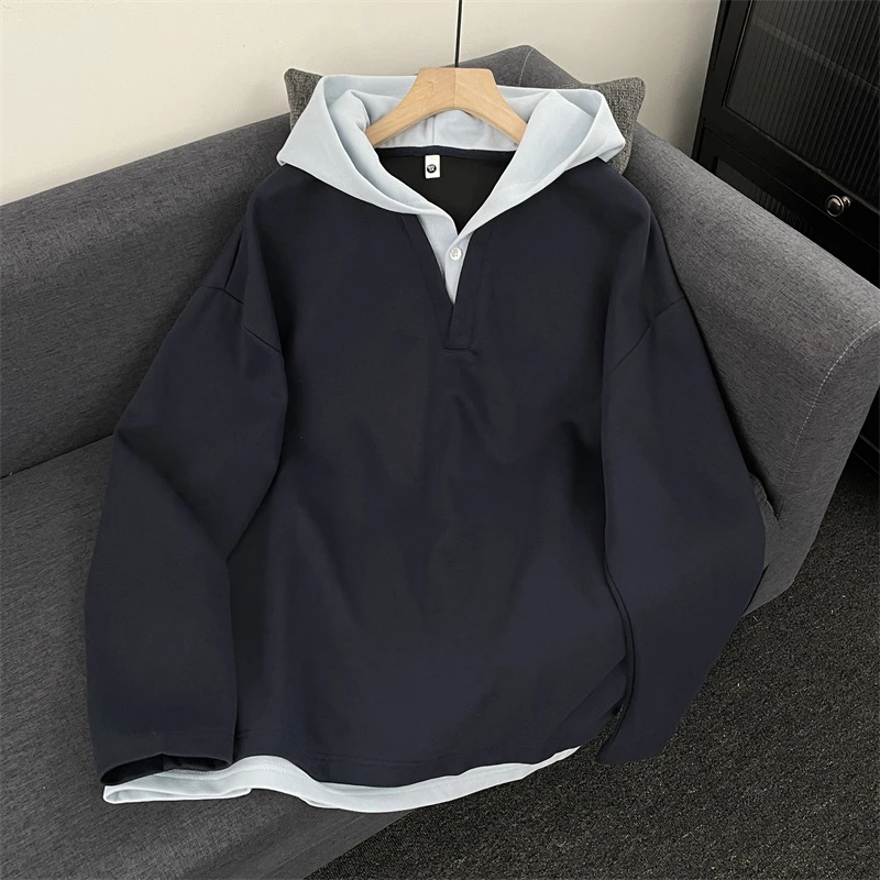 cleanfit灰色重磅假两件连帽卫衣男女款宽松休闲内搭简约帽衫上衣