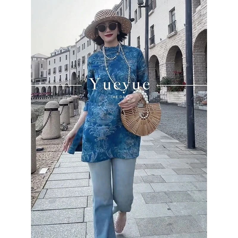 欧洲站2025夏季新款新中式国风精致别致显瘦高级感中长款立领衬衫