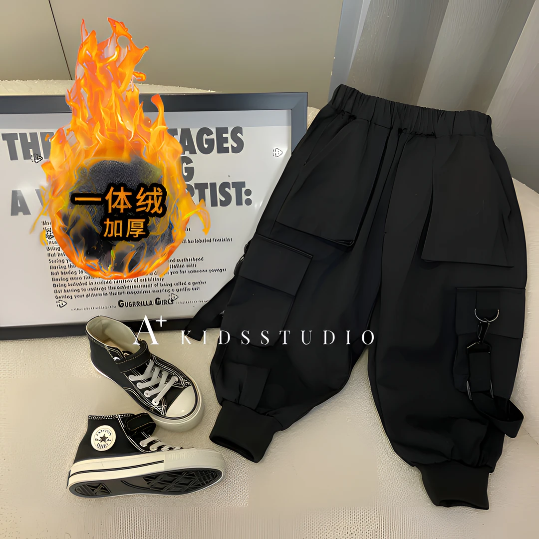 儿童秋冬加绒加厚款工装裤男童休闲裤中大童韩版时尚洋气百搭长裤