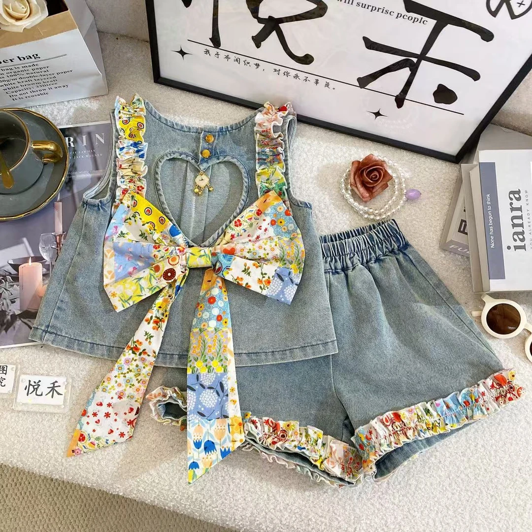 SD女宝韩版牛仔套装夏季新款蓝色牛仔休闲洋气儿童套装80648