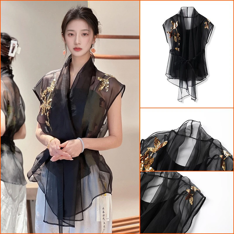 新中式国风春秋刺绣简约2025新款修身外搭桑蚕丝女 M3084