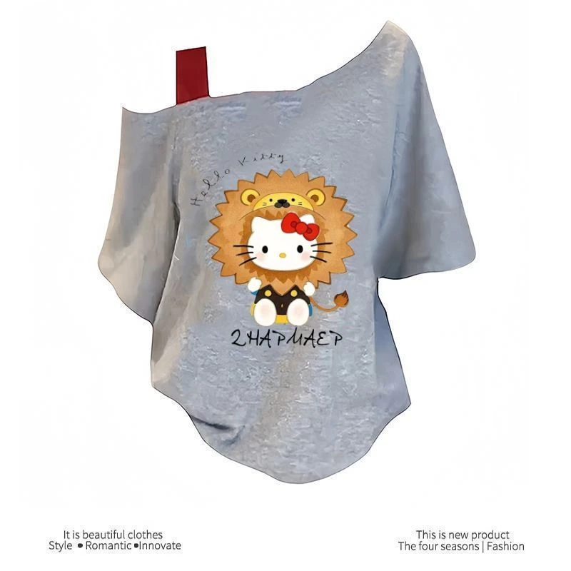 【ZHAP】夏季单肩露肩吊带宽松短袖t恤女浅灰色chic爆款甜辣欧美风