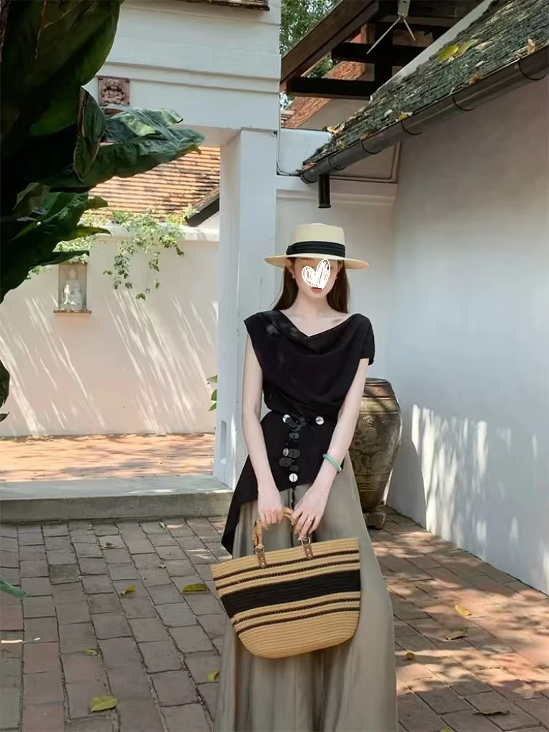 黑色不规则上衣T恤女慵懒松弛感休闲阔腿长裤套装