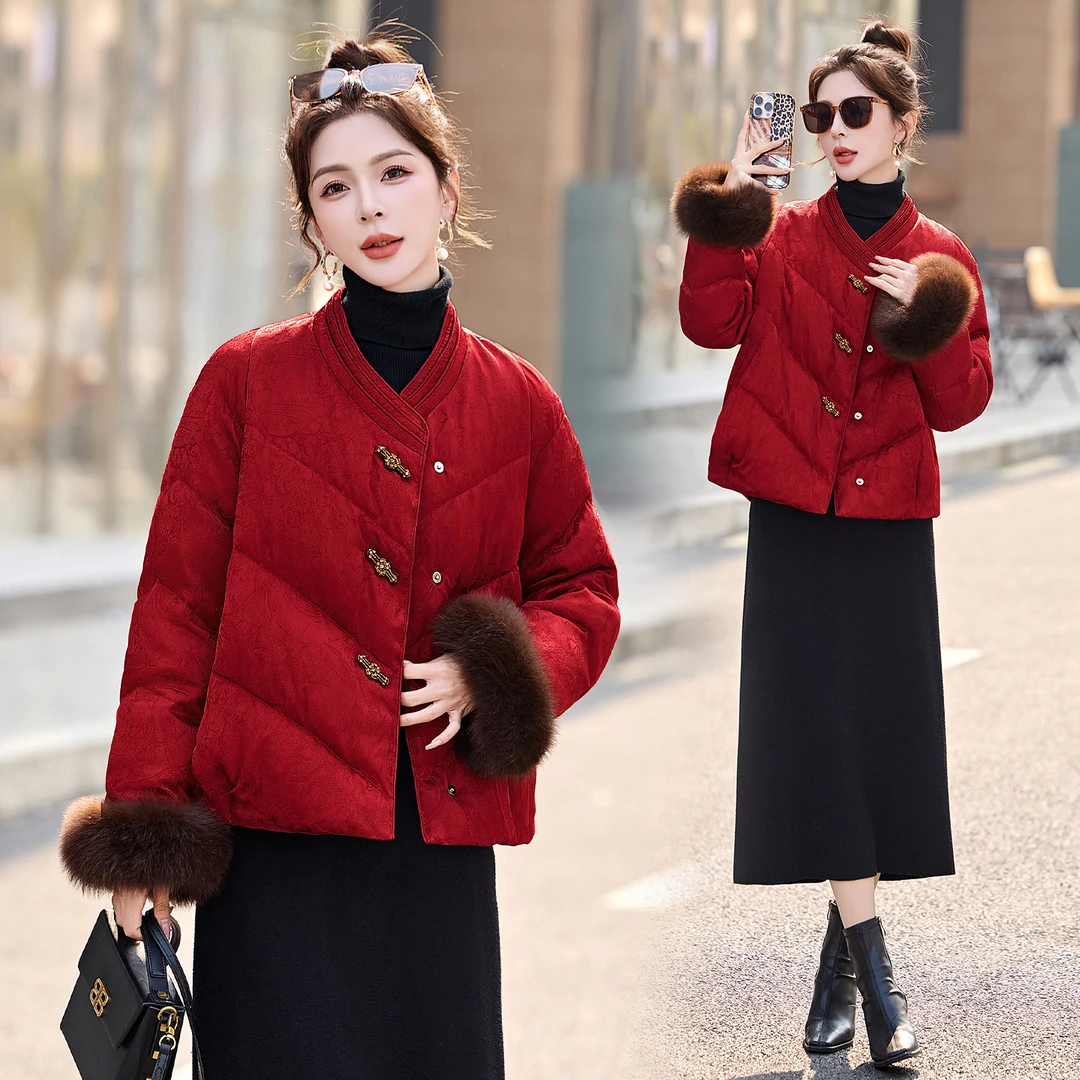 2026新年好运红真狐狸毛羽绒服女喜庆短款加厚国风气质百搭外套