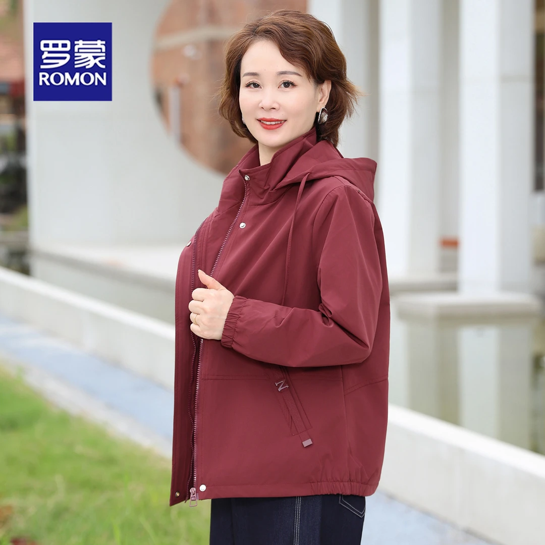 罗蒙妈妈春秋外套洋气风衣2025新款中老年女装秋装大码连帽上衣女