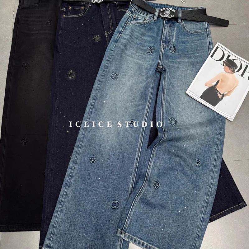 欧货冬季新款烫钻直筒牛仔裤女高腰显瘦百搭阔腿长裤2026