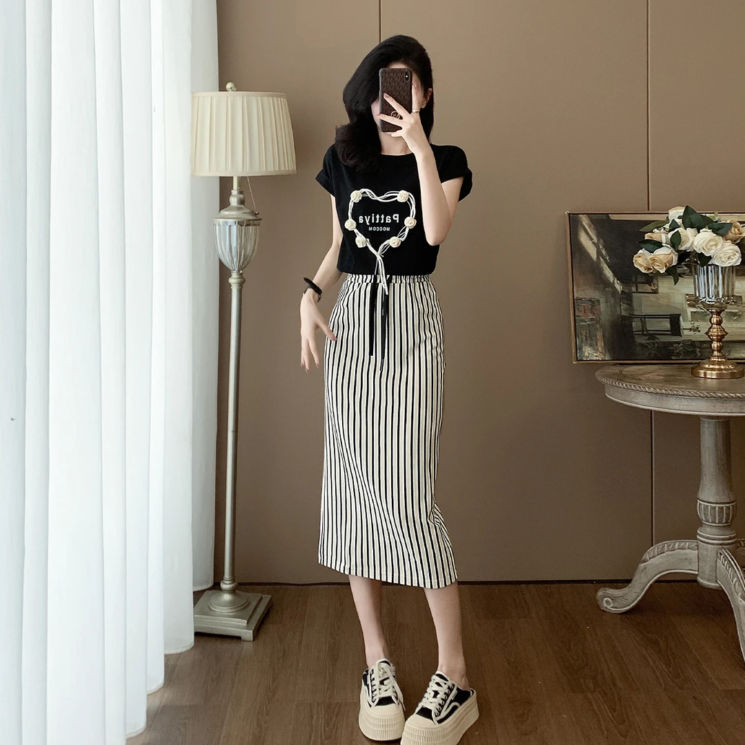 2025夏季新款T恤半身裙套装韩版少女风甜美气质减龄显瘦显高穿搭