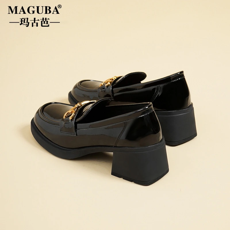 MAGUBA/玛古芭厚底乐福鞋女增高软皮百搭英伦风黑色时尚休闲新款