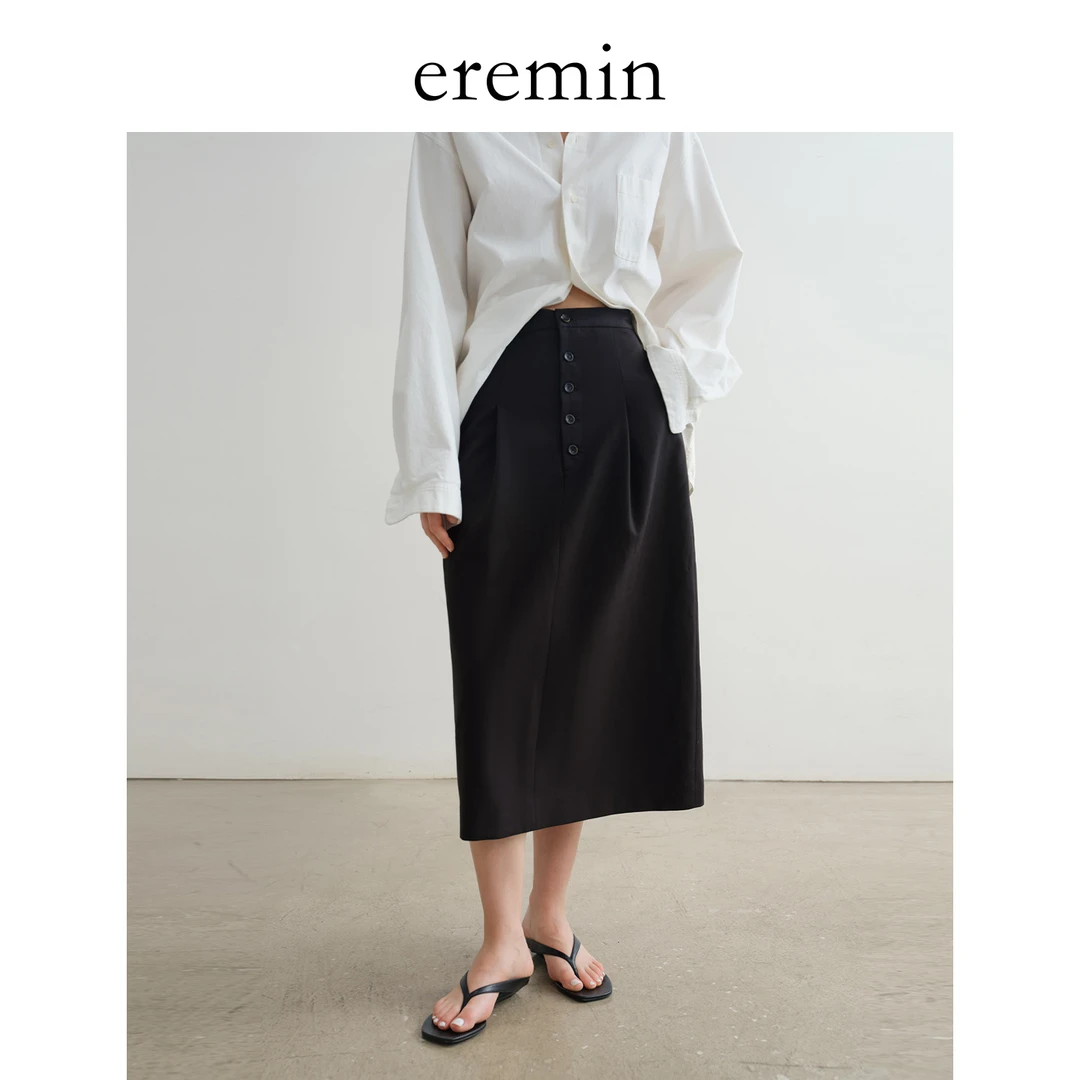 DE Mincollection纽扣半裙/微弧精裁打褶显瘦小黑裙休闲半裙55779
