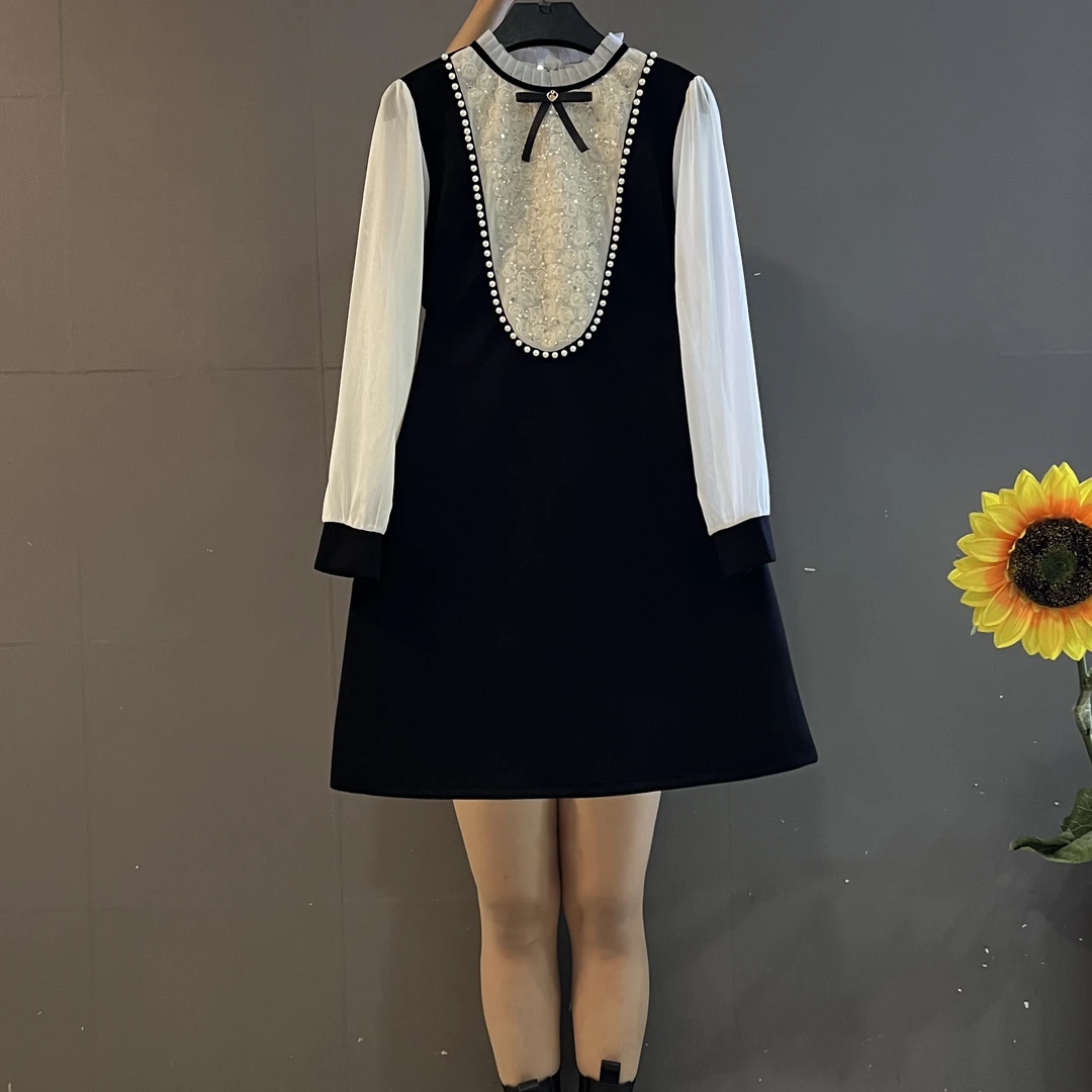 秋季新款高级感花边领优雅气质拼接雪纺袖小香风中长显瘦连衣裙