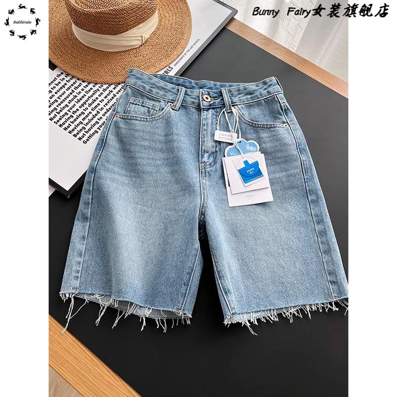 毛边牛仔短裤女夏季2025新款梨形身材胖mm大码高腰显瘦五分阔腿裤