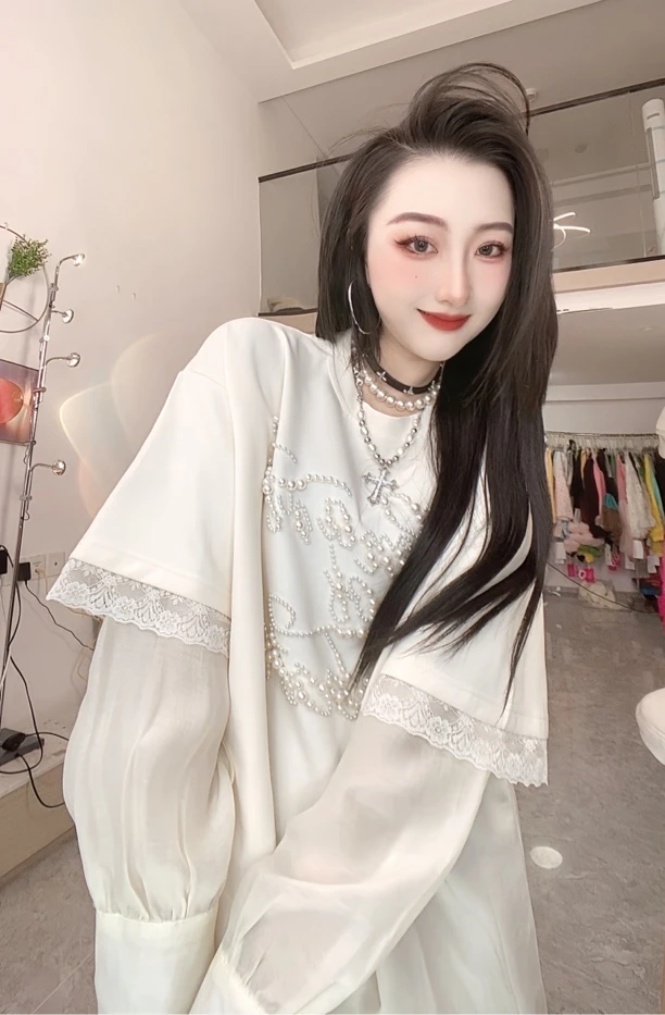 韩国东大门夏季新款玫瑰印花拼接蕾丝网纱袖假两件设计T恤上衣女