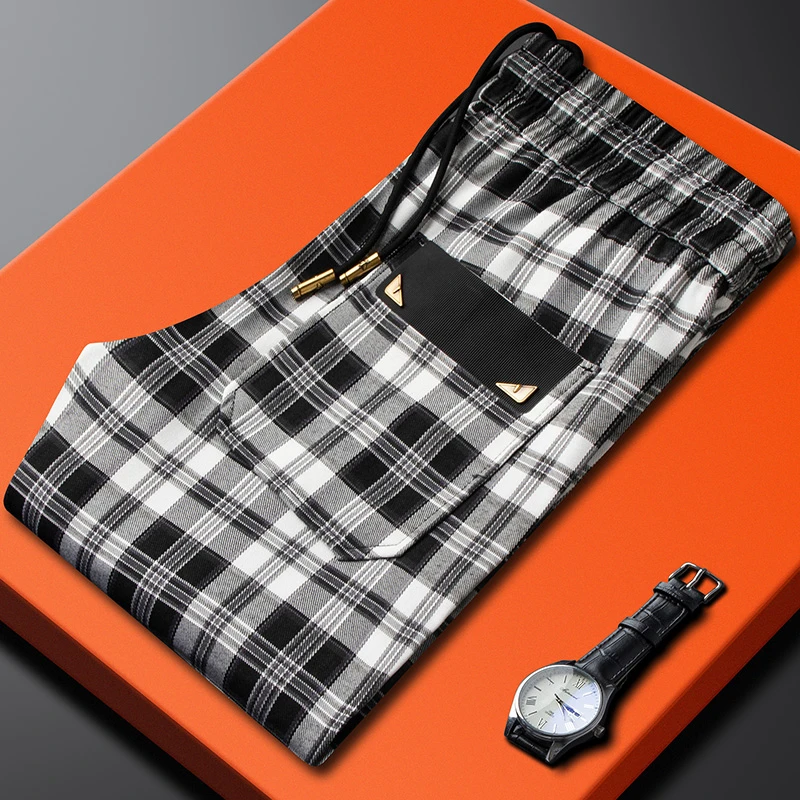 简纳曼克轻奢休闲裤男夏季薄款高端黑白格子百搭修身直筒运动长裤