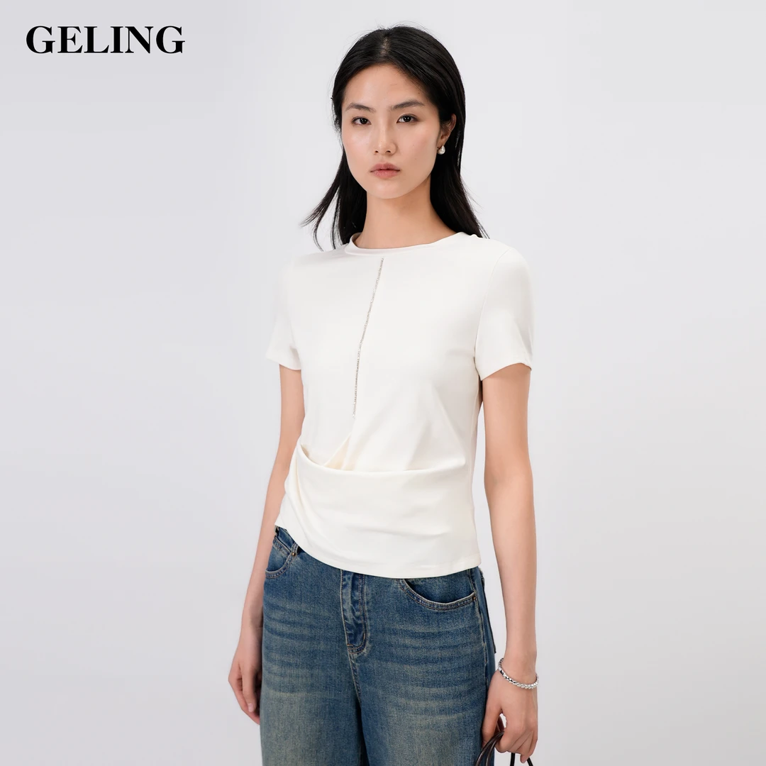 GELING/歌&玲修身白色小众短款T恤夏季圆领口钻链T恤小猫G512W68T