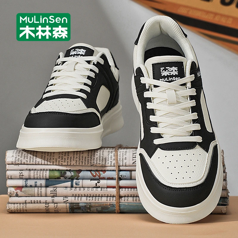 木林森鞋子男2025新款秋季皮面防水运动休闲板鞋中学生熊猫小白鞋